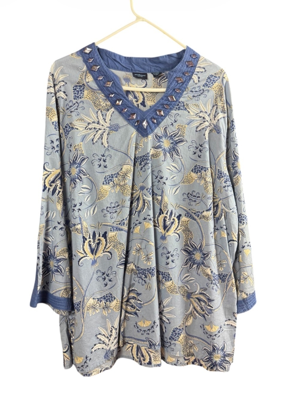 Westbound Woman 2X Blue Floral Cotton Tunic Jeweled Neckline 3/4 Sleeve